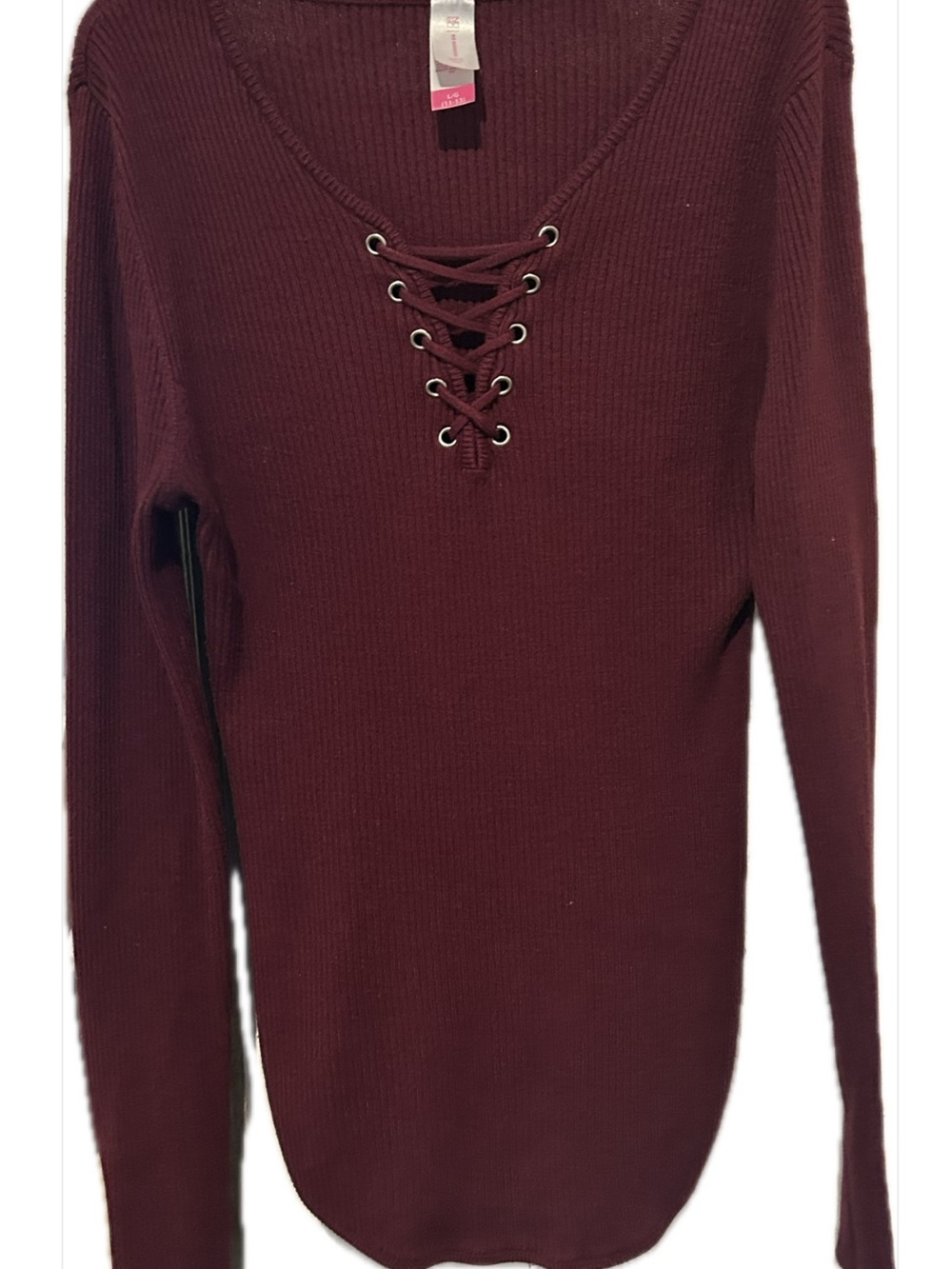 No Boundaries Lace-Up Rib Knit Sweater Top - Burgundy